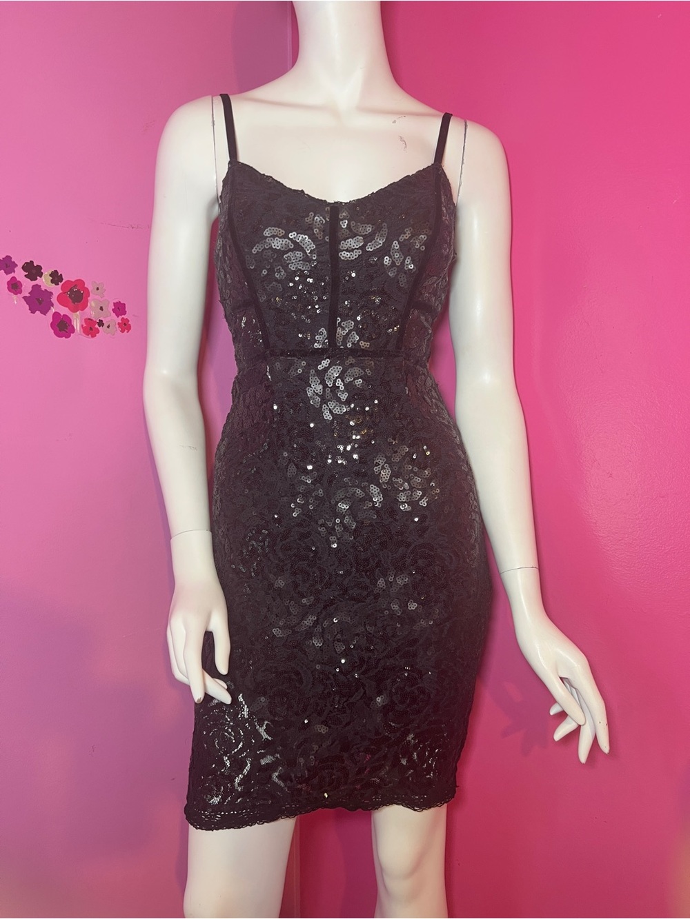 Idyllwind black sequin and floral lace cocktail mini dress size XS